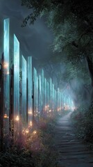 Obraz premium Ethereal Forest Path - Luminous Blue Pillars and Warm Lanterns Illuminating Misty Night.