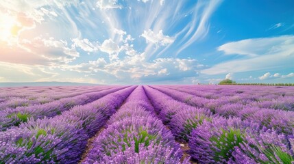 Obraz premium Expansive Lavender Field Under Dramatic Sky with Wispy Clouds and Golden Sunlight.
