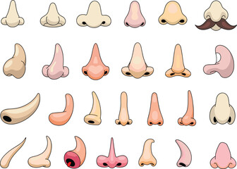 A large set of various cartoon nose shapes, featuring different skin tones, angles, and styles, including a funny mustache detail for character design