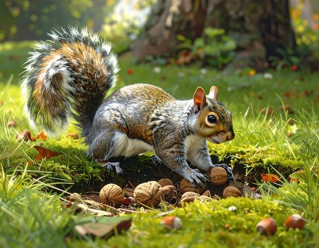 Gray Squirrel Foraging in a Lush Meadow