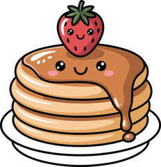 Cute, kawaii pancake stack cartoon character with dripping syrup and a strawberry on top, an adorable breakfast food illustration for sweet and happy themes