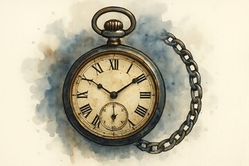 Antique pocket watch with roman numerals and chain against a soft watercolor background