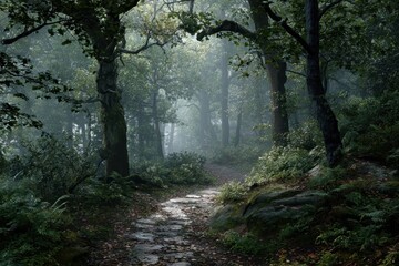 Fototapeta premium Misty Forest Path - Serene Tranquility in a Verdant Grove.