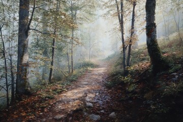 Obraz premium Misty Forest Path - Sunlight Piercing Through Dense Fog, Autumnal Scene.