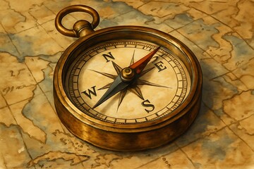 Antique brass compass resting on a vintage textured map symbolizing exploration and direction