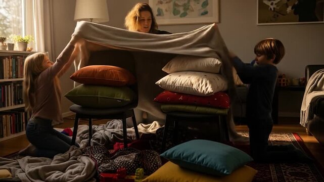 Family build pillow fort together at home mother child game indoor