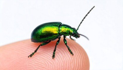 Fototapeta premium Close-up of a metallic green beetle on a fingertip