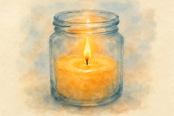 Warm glowing candle burning brightly inside a clear glass jar with a soft watercolor background effect