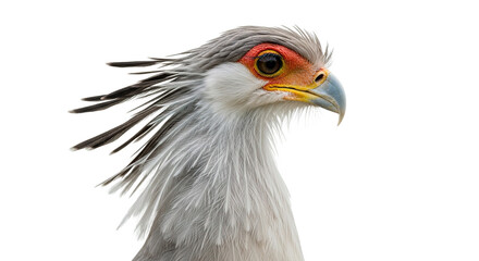 Secretary bird headshot showing its distinctive feathers and orange eye against white background.