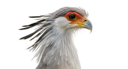 Secretary bird headshot showing its distinctive feathers and orange eye against white background.