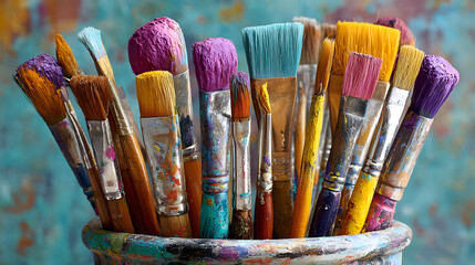 Fototapeta premium A bunch of paintbrushes are in a cup with paint on them. The colors are bright and the brushes are all different sizes. Scene is cheerful and creative