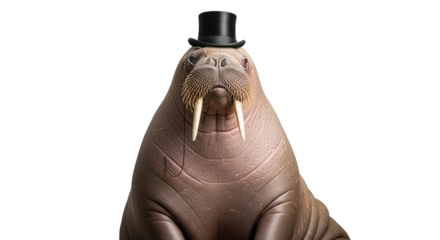 A walrus wears a black top hat against a plain light background.