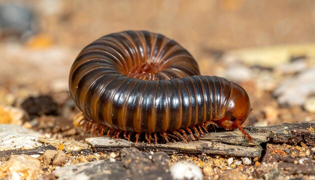 Close-up of a millipede curled on the ground
