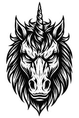 Obraz premium Intense Black & White Unicorn Head Illustration: A Majestic, Fierce Mythical Beast with Horned Power in a Stylized Woodcut Tribal Tattoo Art Style – Perfect for Edgy Fantasy Designs & Powerful Sym