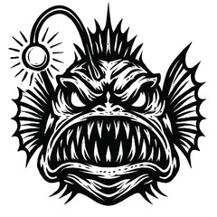 Fototapeta premium Ferocious Deep Sea Anglerfish Illustration with Menacing Sharp Teeth and Bioluminescent Lure, a Dark Marine Predator Vector Art Perfect for Tattoo Designs and Ocean Monster Themes!