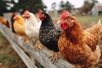 Fototapeta premium Group of chickens standing by wooden fence on farm