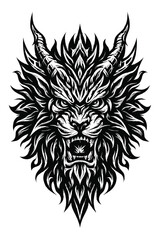 Obraz premium Intensely stylized black and white illustration of a roaring, horned beast head. This powerful, aggressive creature features a spiky mane and sharp fangs, perfect for a striking logo or tattoo des