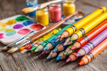 Naklejka premium Colorful art supplies with pencils, brushes, and paints