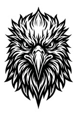 Majestic and Fierce Eagle Head Vector Art - A powerful black and white stylized illustration of an iconic bird of prey, showcasing intricate tribal feather details and a determined gaze, ideal for