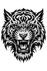 Obraz premium Powerful black and white stylized roaring tiger head illustration. A fierce, detailed big cat vector graphic, embodying untamed strength, wild majesty, and primal energy. Ideal for bold designs, s