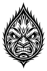 Obraz premium Intense tribal gorilla face vector art, fierce Polynesian ape warrior illustration, aggressive primate monster emblem design, black and white tattoo style graphic for a powerful mascot or bold log