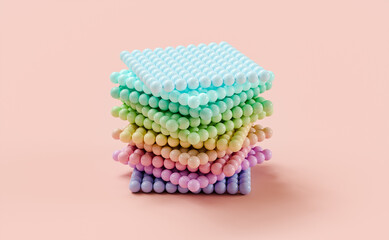 An abstract geometric figure composed of a group of spherical balls. stacked on top of each other. 3D pastel vivid background.