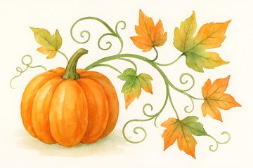 Naklejka premium A single vibrant orange pumpkin with swirling green vines and colorful autumn leaves on a light background