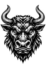 Obraz premium A powerful, fierce, majestic, stylized black and white bull head illustration, featuring formidable curving horns and an intense, determined expression, rendered in intricate engraving style.