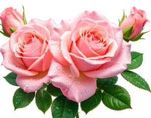 Close-up of delicate pink roses with water droplets