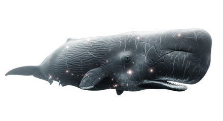 A sperm whale swims in a light gray gradient background.