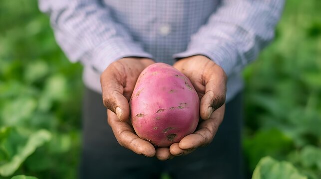 Farmer holding a freshly harvested pink potato in a field of green plants