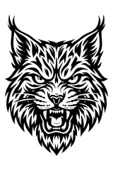 Obraz premium Fierce Tribal Roaring Bobcat Head Vector Art Illustration: Aggressive Wild Cat Mascot Design in Striking Black and White, Powerful Stylized Feline Predator Graphic. Ideal for Logos, Tattoos, and S