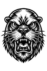 Fierce Snarling Otter Head Illustration: Dynamic black and white woodcut graphic, ideal for sports mascots, wildlife logos, bold tattoo designs. Aggressive animal art captures predator energy, per