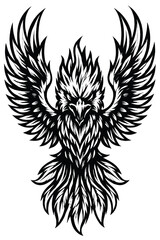 Obraz premium Majestic Black and White Phoenix or Eagle with Outspread Wings, a Fierce Mythical Firebird Tribal Tattoo Design, Ideal for Bold Logos, Stencils, and Powerful Avian Digital Art Graphics, Embodying