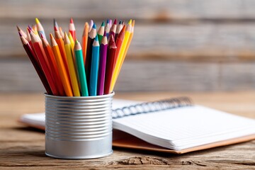 Colorful pencils in tin holder with notebook on wooden table