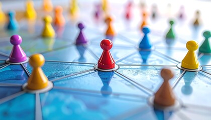A close-up of a board game showing several colored game pieces arranged on a board. The pieces are in focus