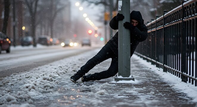 Man bracing against pole while struggling in heavy snowfall outdoors. a person slipping on icy sidewalk while holding onto a metal lamppost