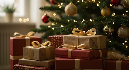 Christmas gifts wrapped in decorative paper under the tree with lights  