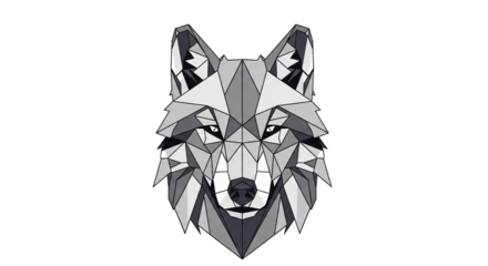 Geometric wolf head illustration in grayscale tones against a white background.