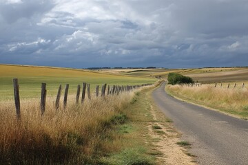 Fototapeta premium Country road winding through open fields under cloudy sky