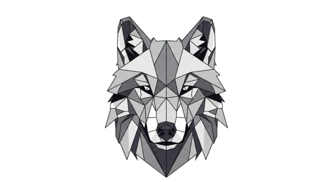 Geometric wolf head illustration in grayscale tones against a white background.