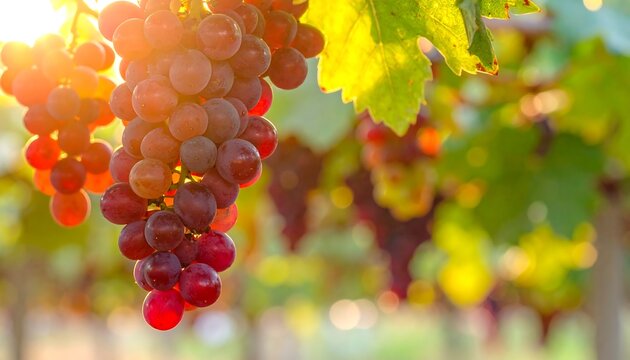 A cluster of plump red grapes hanging from a vine - Powered by Adobe