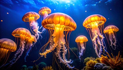 A cluster of mesmerizing jellyfish illuminated from below, gliding through deep, blue water, with hints of coral reefs visible