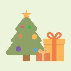 Design elements of a Christmas tree illustration with colorful ornaments and two gift boxes decorated with ribbons, a minimalist flat design.