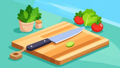 A vector illustration of a kitchen knife and wooden cutting board used for cutting.