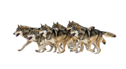 Pack of wolves running in a line on a white background.