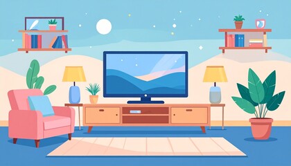 A vector illustration of a flat screen television placed in a living room.
