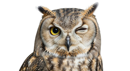 Owl portrait winking with one eye closed against a white background.