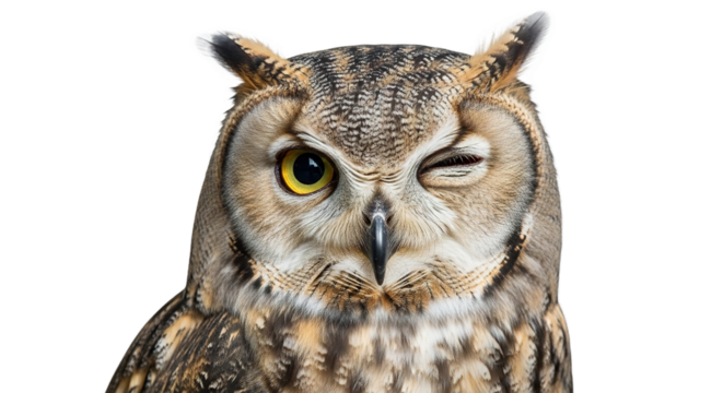 Owl portrait winking with one eye closed against a white background.