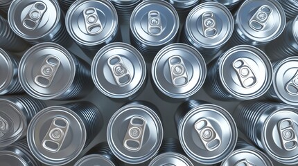 Numerous silver beverage cans are arranged in a closeup topdown view